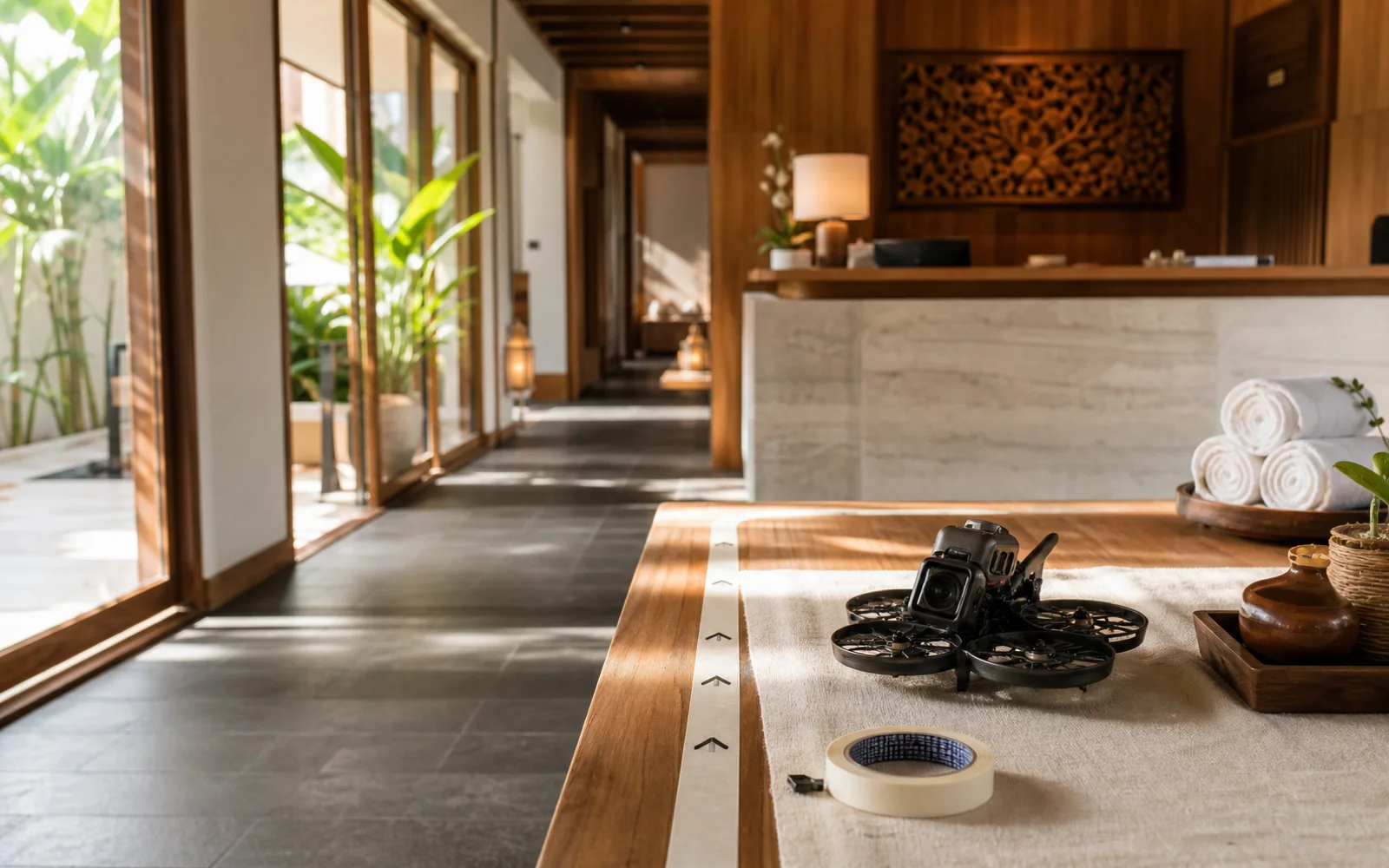 Cinematic FPV drone route through a serene Bangkok spa reception with warm natural light