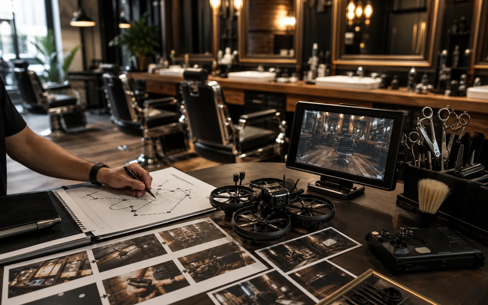 FPV drone route planning for a premium grooming brand video in a Bangkok barbershop