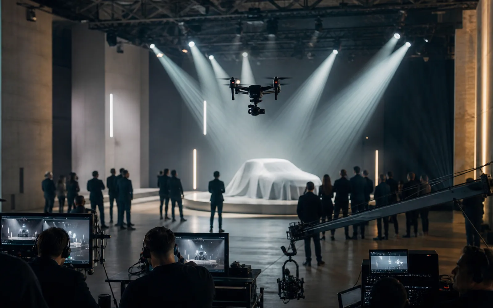 FPV drone filming a controlled product launch event environment