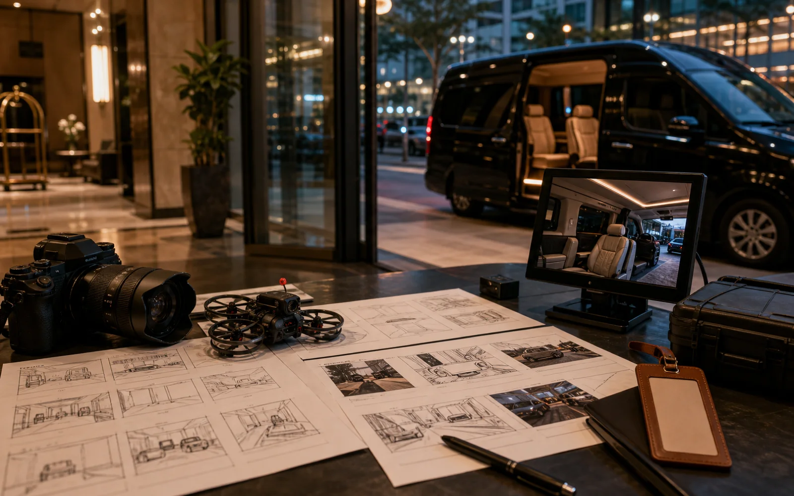 Cinematic travel service storyboard with van interior, airport pickup and Bangkok route notes