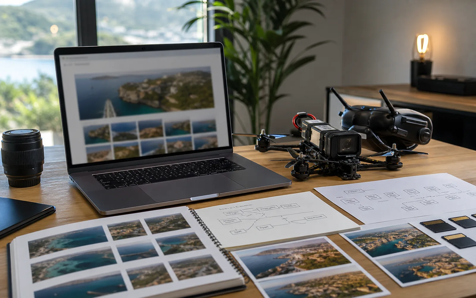 Optimized drone video website assets and image files on a production desk