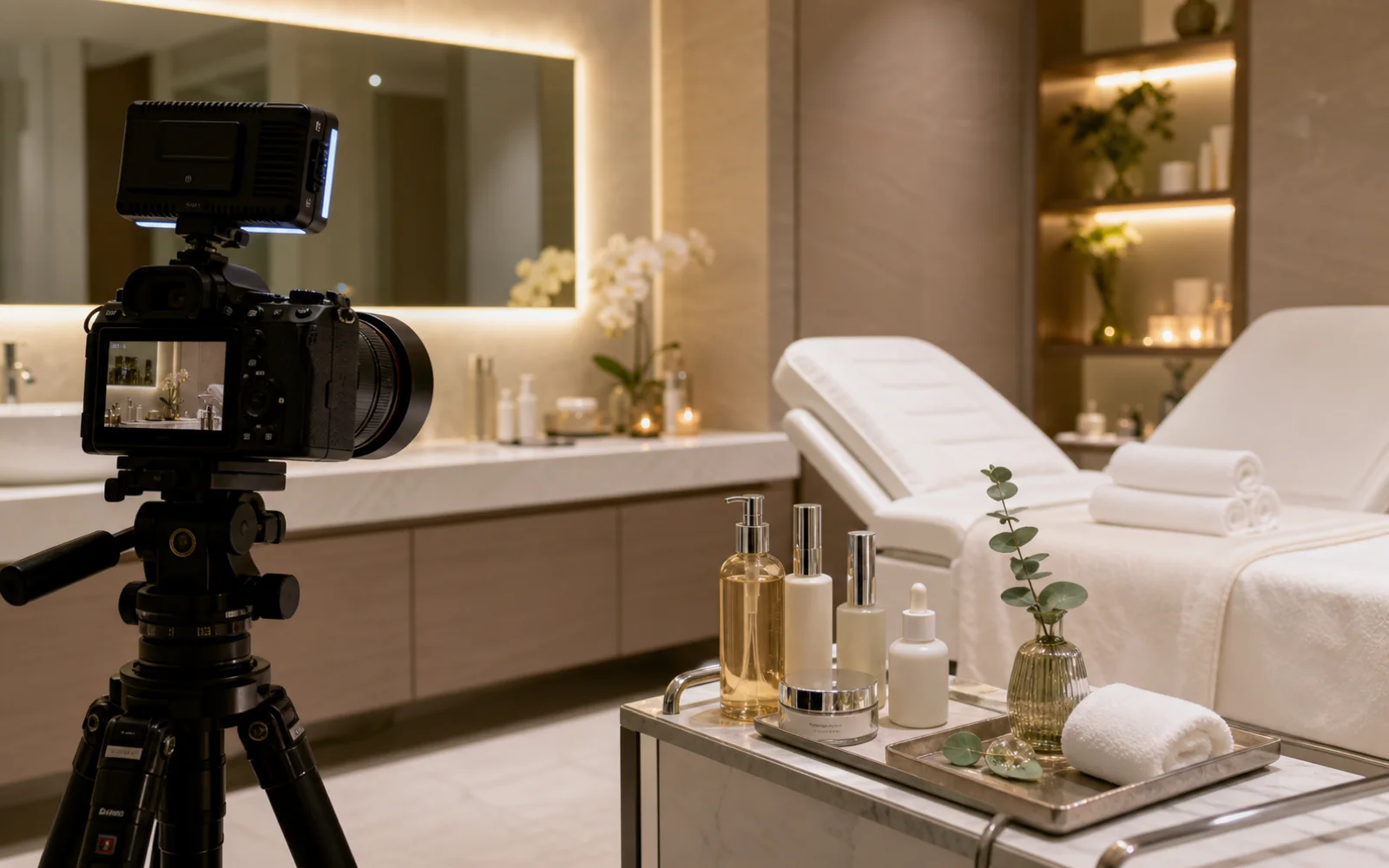 Professional camera setup filming a calm facial treatment room in Bangkok