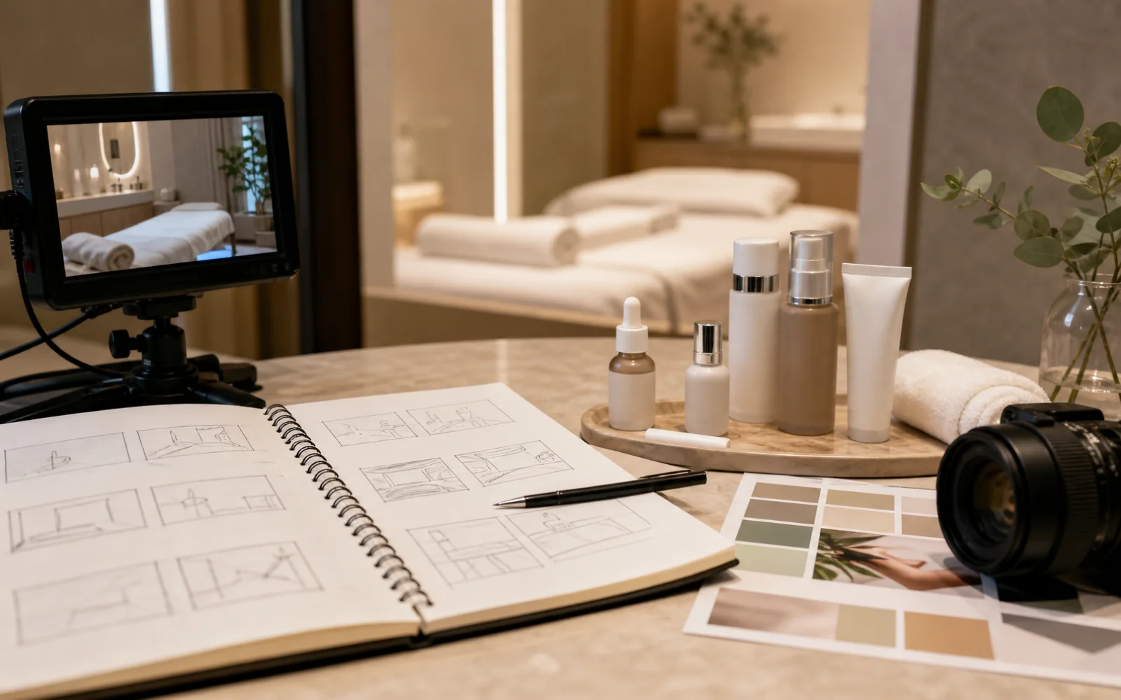 Skincare brand video storyboard with facial spa detail shots and website layout notes