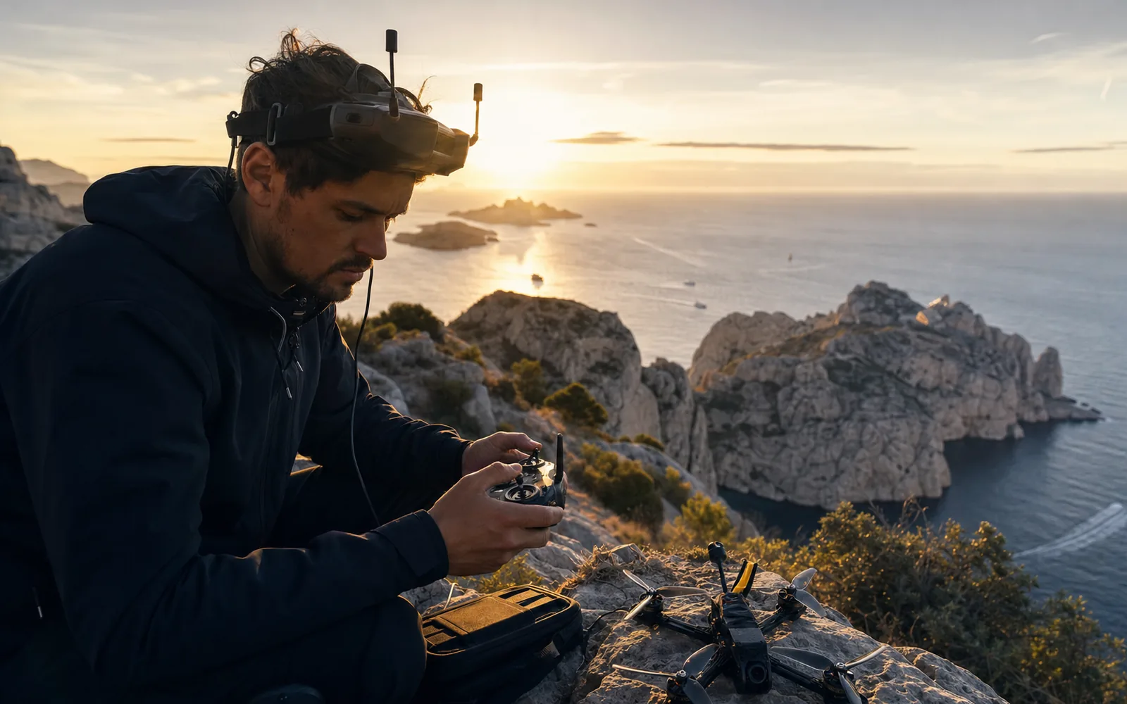 FPV drone pilot preparing a cinematic Marseille coastline flight at sunrise