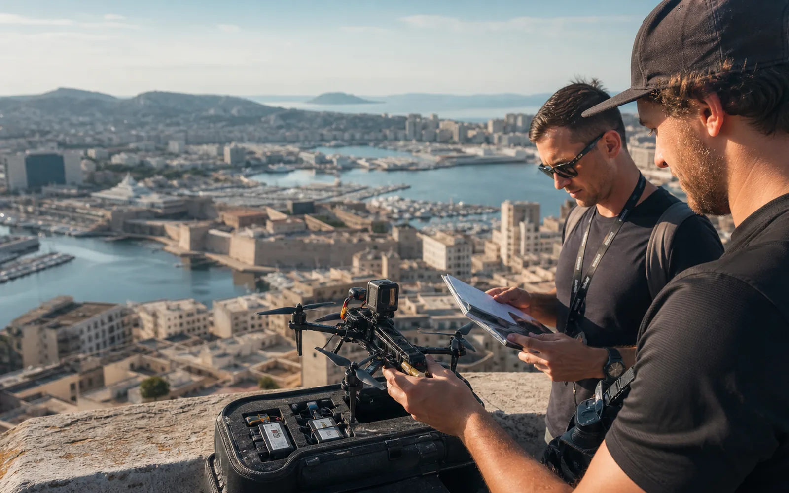 Drone launch preparation above Marseille harbor for a brand film