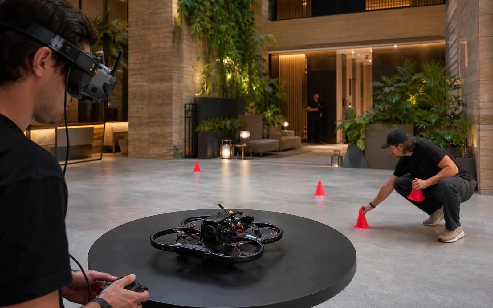 Indoor cinewhoop drone safety check in a refined hospitality interior