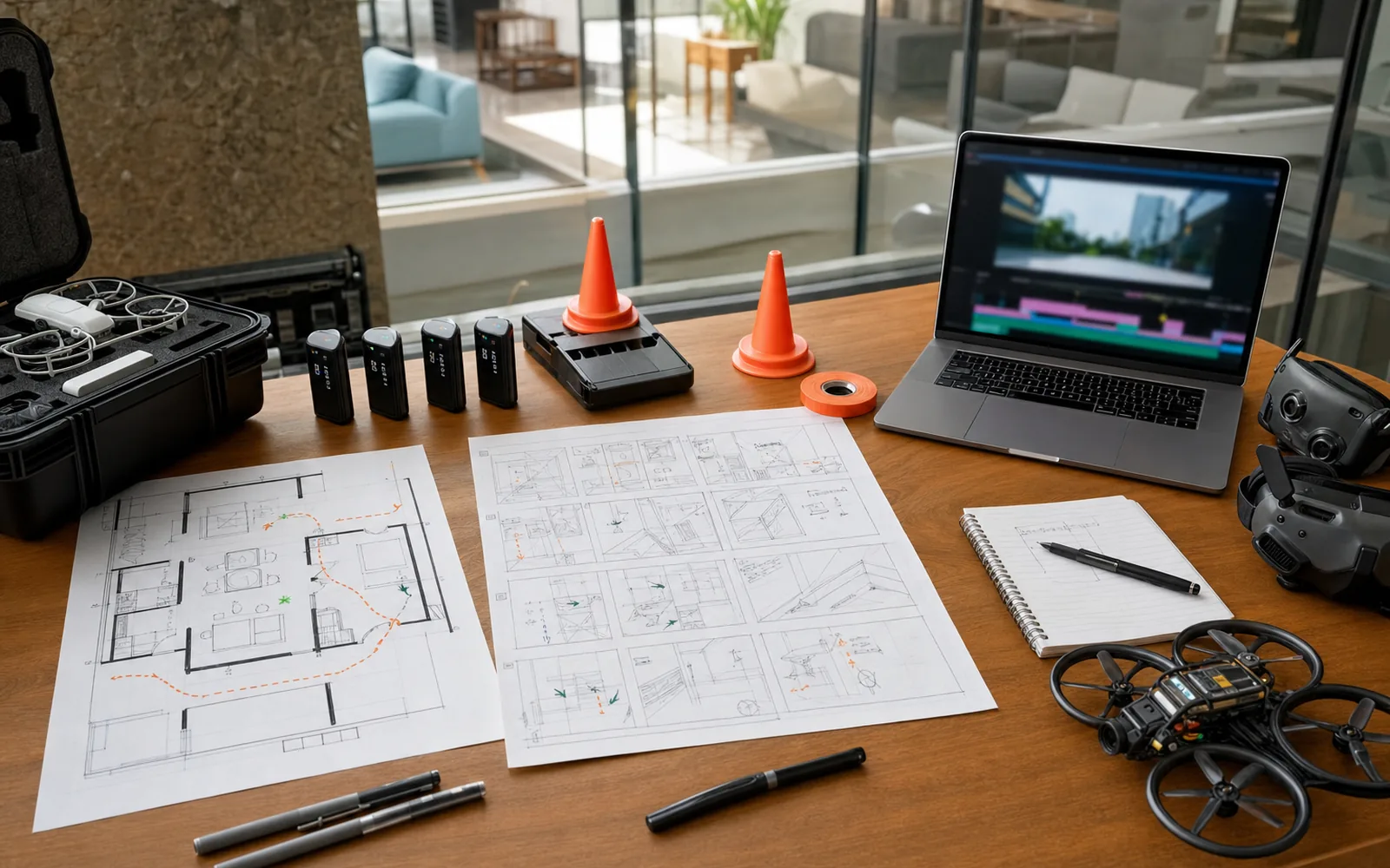 FPV drone route planning table with floor plan and production equipment