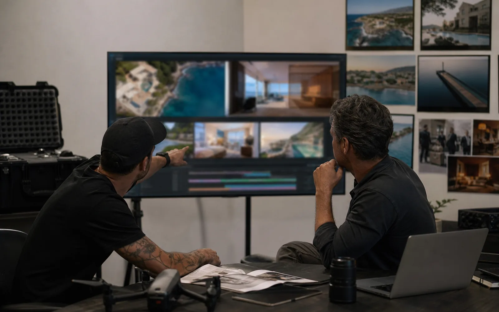 Producer and FPV pilot reviewing hospitality drone video edits
