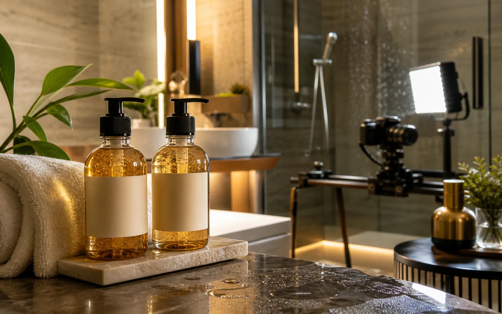 Ultra realistic spa product amenity video setup with shower gel bottles and warm bathroom light