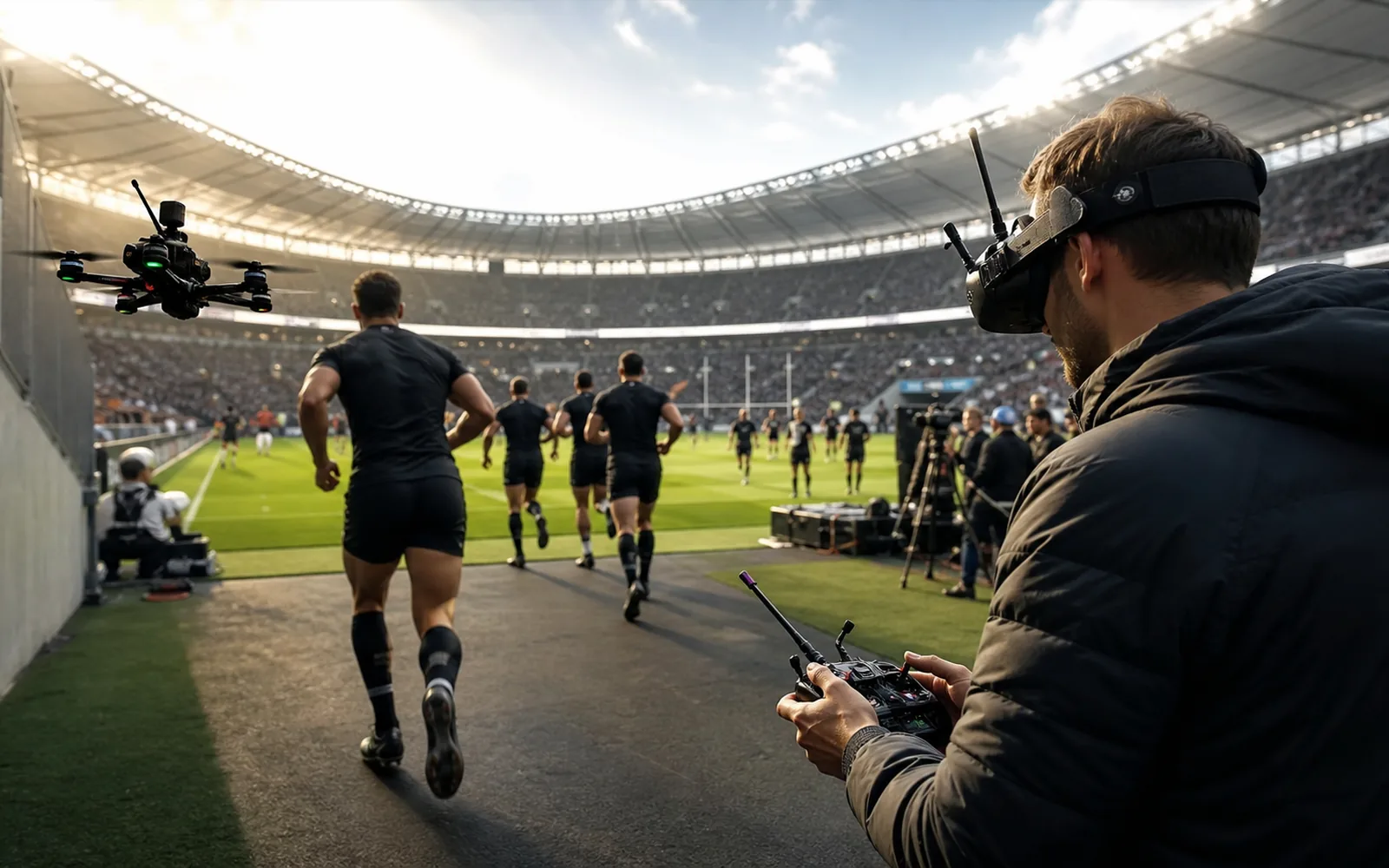 FPV drone pilot filming athletes entering a stadium pitch
