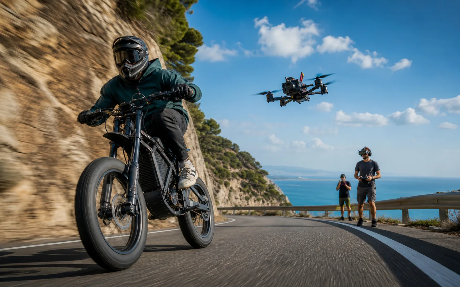 FPV drone following an electric bike on a coastal road at safe distance