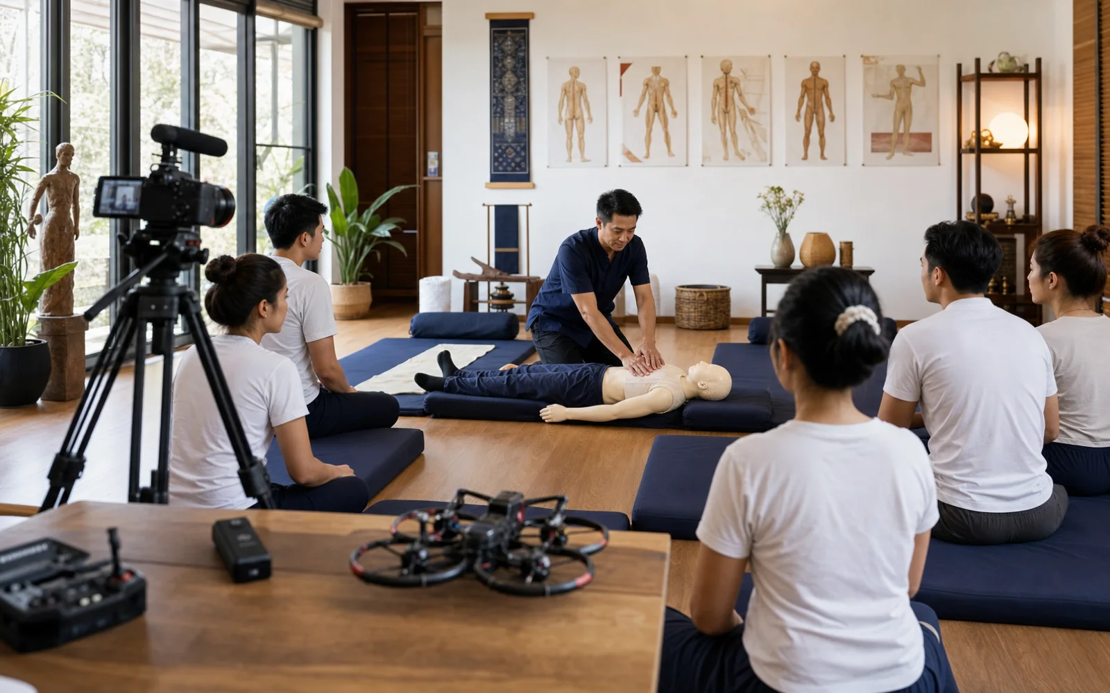 Respectful video production setup in a Thai massage training classroom with students practicing