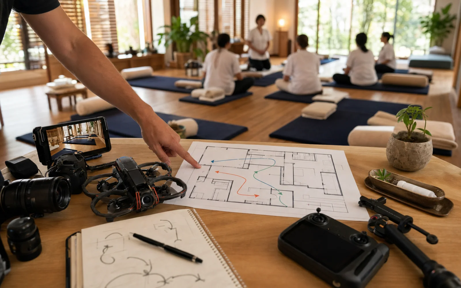FPV route planning for a massage school course video with mats and teaching props